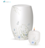 Mini Urn wit bloemenweide blauw - met lichtje