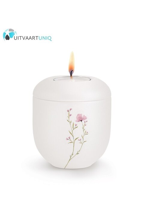 Mini Urn wit bloemenweide roze - met lichtje