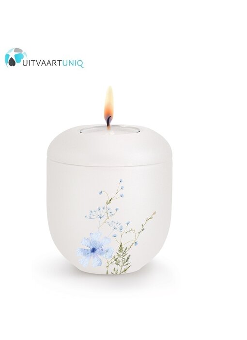 Mini Urn wit bloemenweide blauw - met lichtje