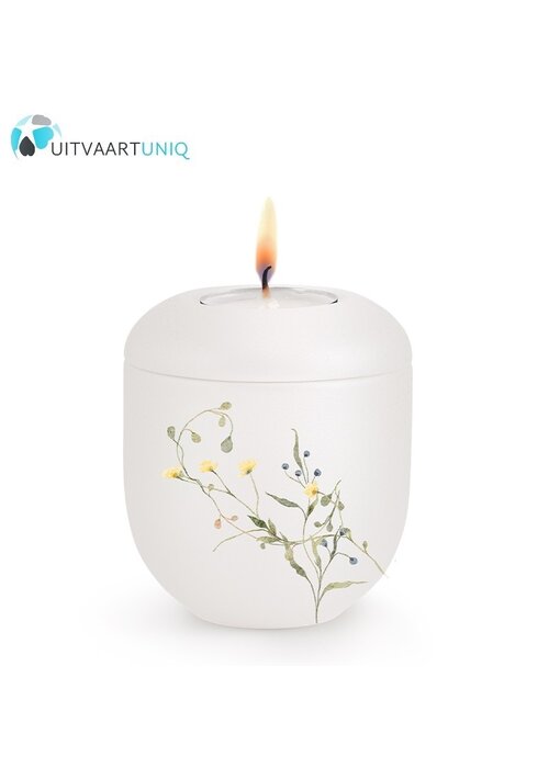 Mini Urn wit bloemenweide geel - met lichtje