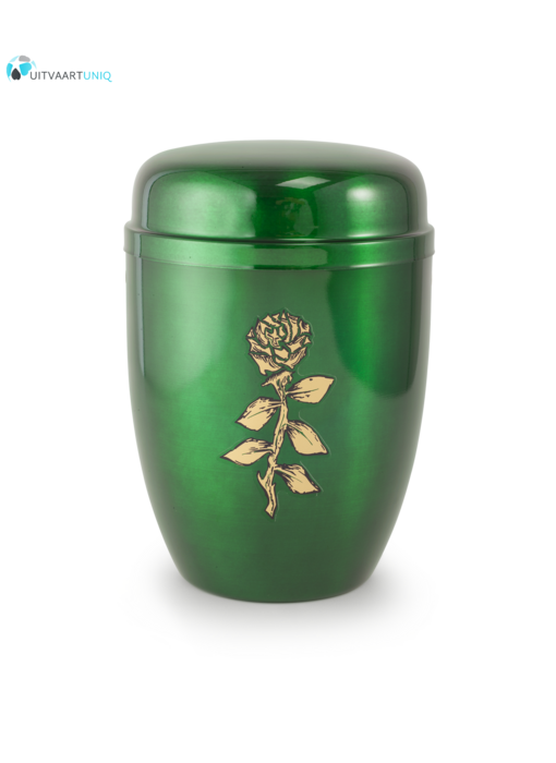 Bokaal urn groen met roos - staal