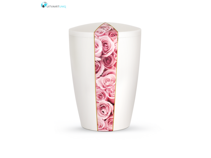 Urn wit parlemoer roze rozen - bio