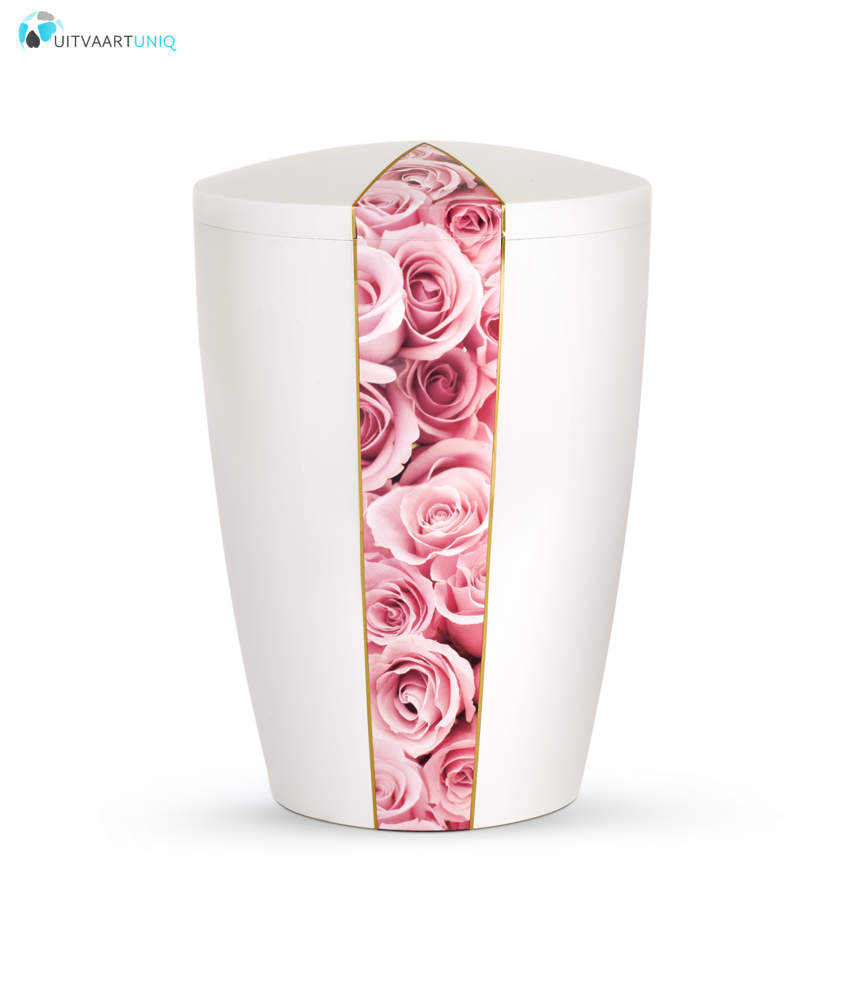 Urn wit parlemoer roze rozen - bio