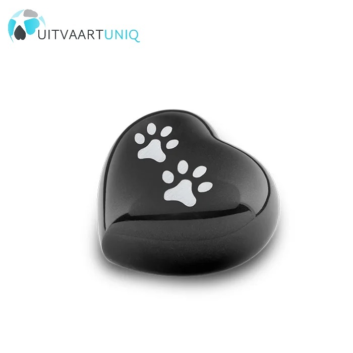  Dierenurn hart mini zwart met pootafdrukken - messing