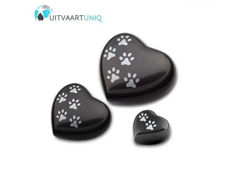 Dierenurn hart mini zwart met pootafdrukken - messing