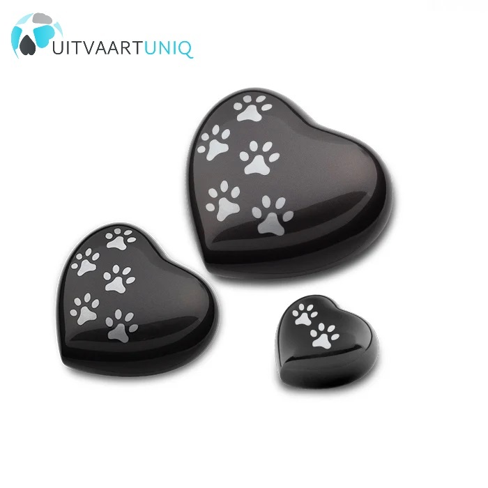  Dierenurn hart mini zwart met pootafdrukken - messing