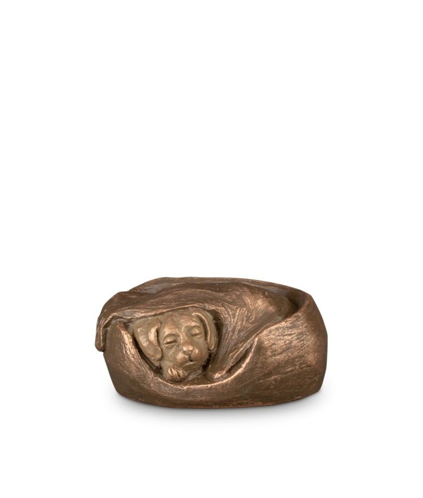 Mini dierenurn slapende hond in mand - keramiek