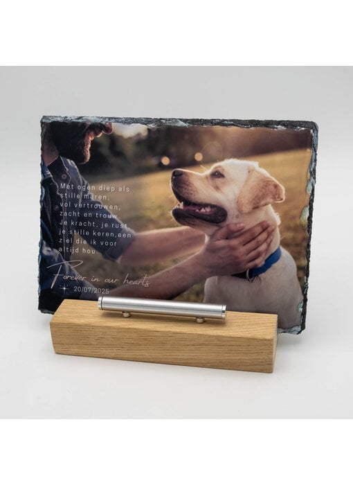 Rechthoekige Gedenktegel liggend van Leisteen voor Huisdieren – Herinner je Huisdier met Foto en Tekst