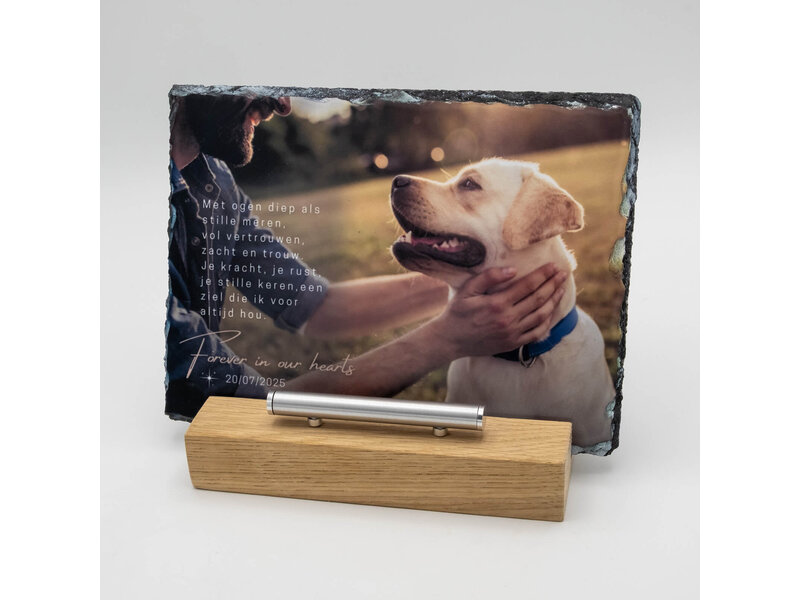 Rechthoekige Gedenktegel liggend van Leisteen voor Huisdieren – Herinner je Huisdier met Foto en Tekst