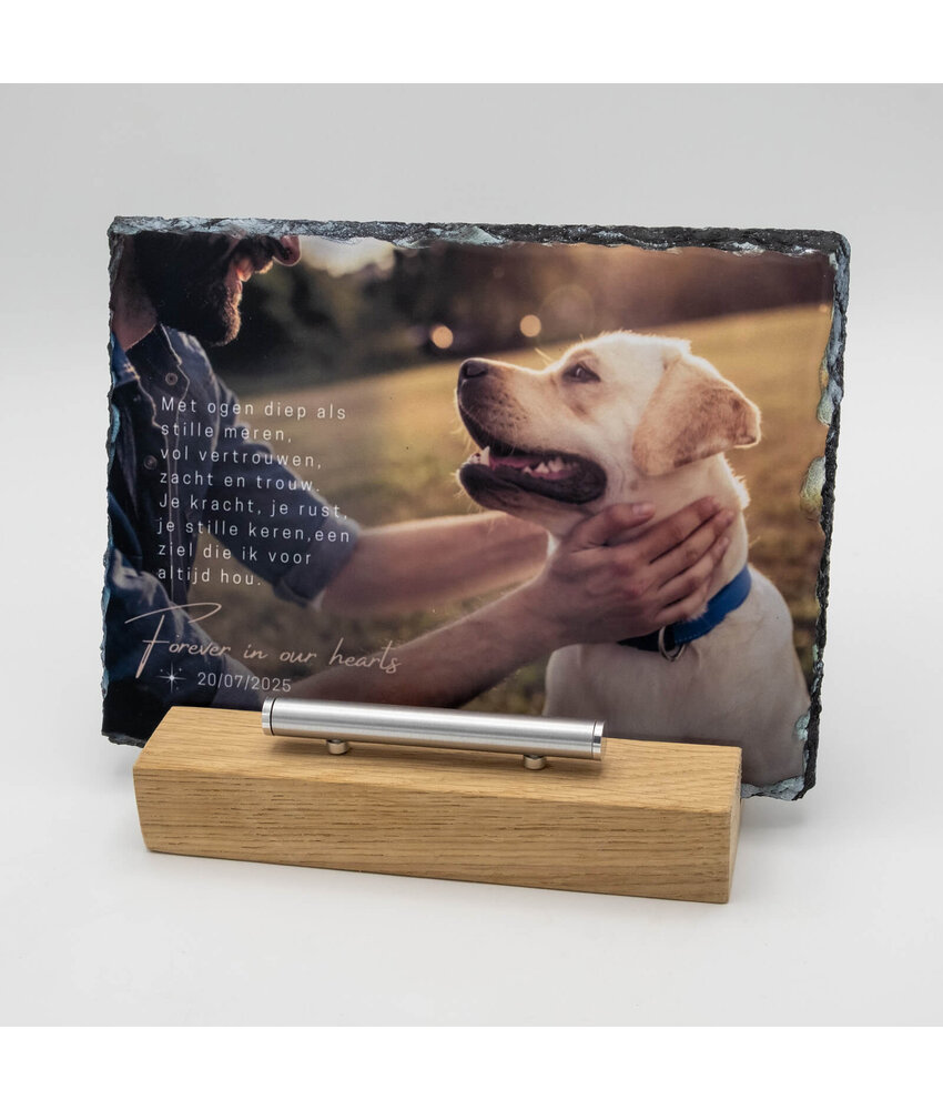 Rechthoekige Gedenktegel liggend van Leisteen voor Huisdieren – Herinner je Huisdier met Foto en Tekst