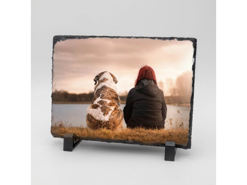 Rechthoekige Gedenktegel liggend van Leisteen voor Huisdieren – Herinner je Huisdier met Foto en Tekst