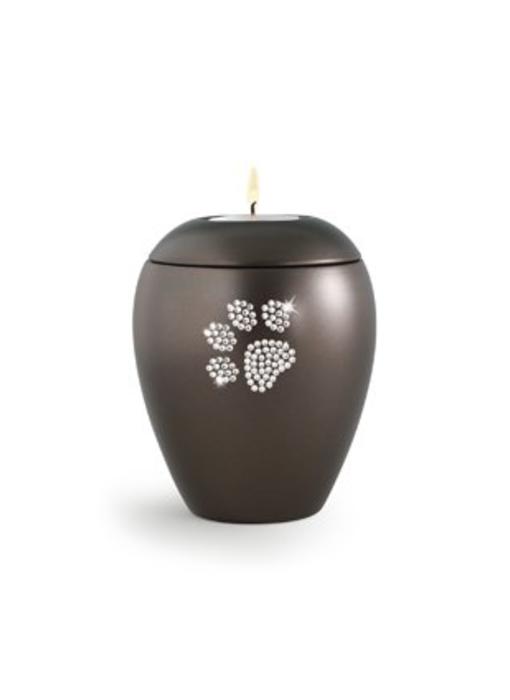 Dierenurn bruin paarlemoer swarovski pootafdruk met licht klein - keramiek