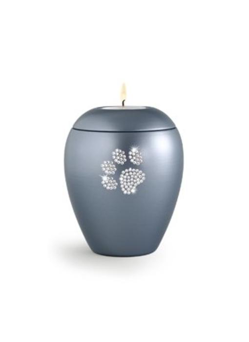 Dierenurn grijs paarlemoer swarovski pootafdruk met licht klein - keramiek