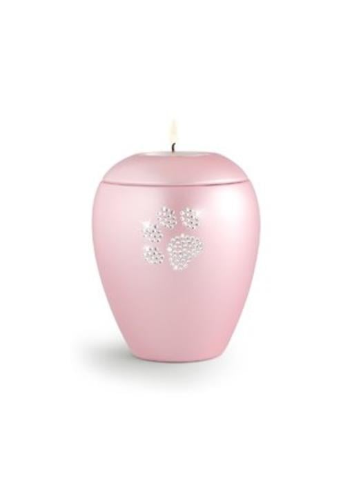 Dierenurn roze paarlemoer swarovski pootafdruk met licht klein - keramiek