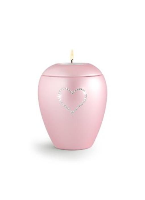 Dierenurn roze paarlemoer swarovski hart met licht klein - keramiek