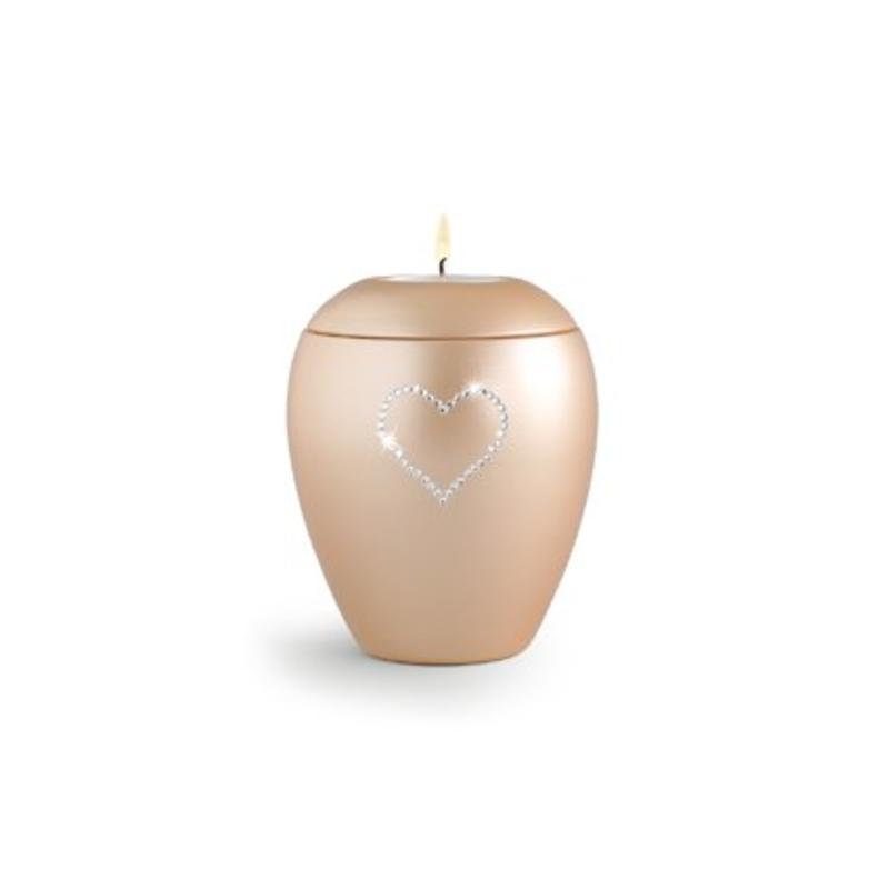 Dierenurn apricot paarlemoer swarovski hart met licht klein - keramiek