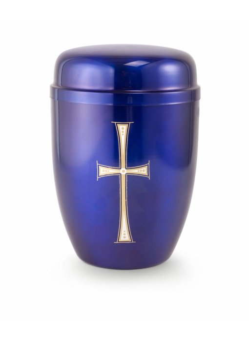 Bokaal urn blauw met kruis - staal