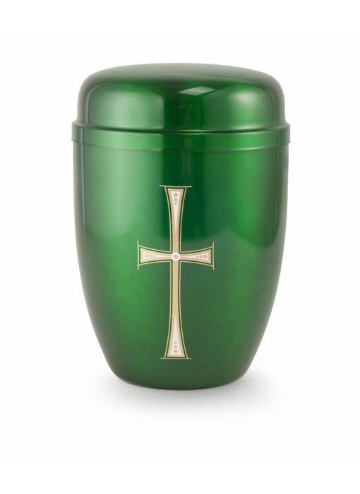 Bokaal urn groen met kruis - staal