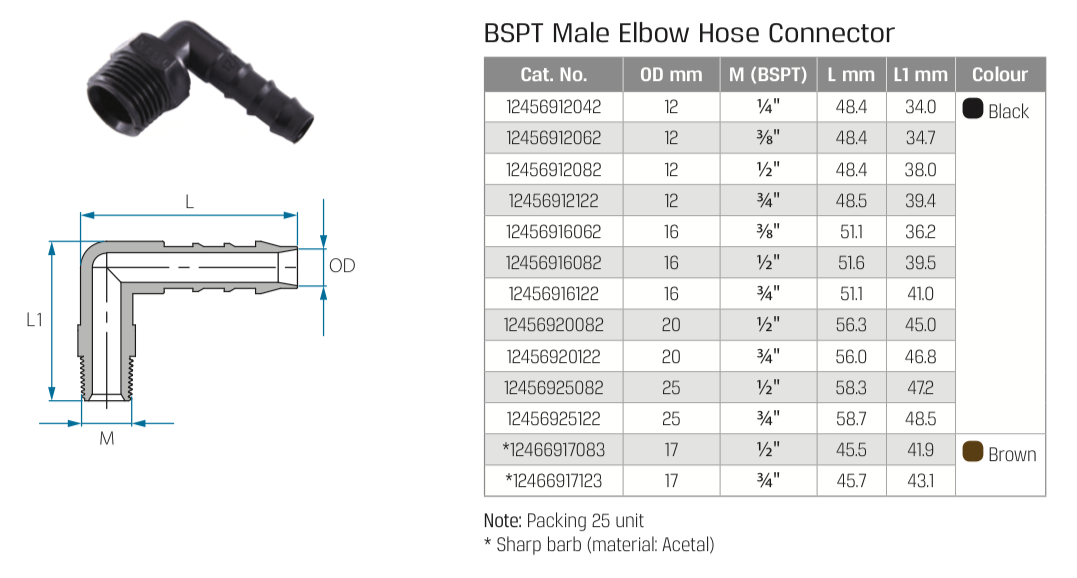 TEFEN Plastic Male hose connector Elbow with external BSPT thread