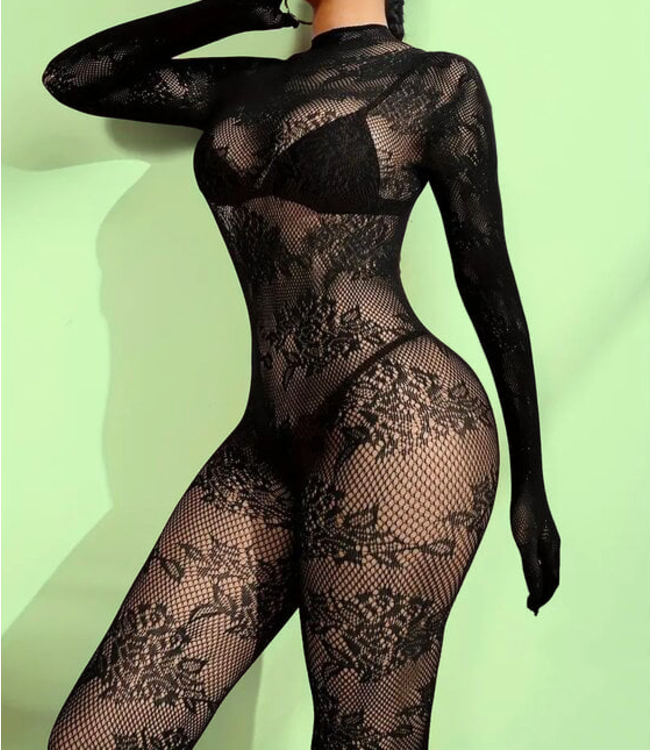 SOSHIN Flower Me zwarte, kanten catsuit