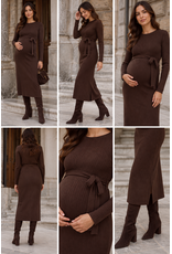 Love2Wait Love2Wait bruine midi zwangerschapsjurk in rib met ceintuur - B999063 8000