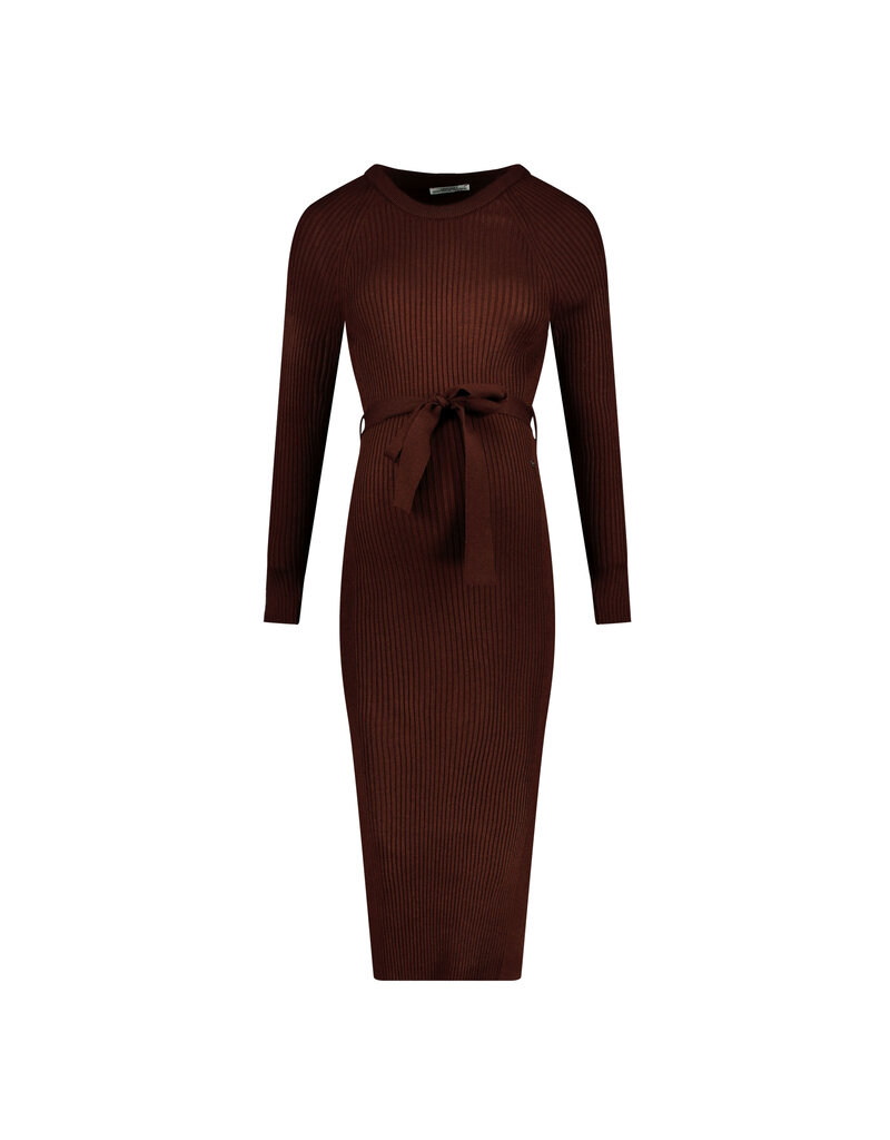 Love2Wait Love2Wait bruine midi zwangerschapsjurk in rib met ceintuur - B999063 8000