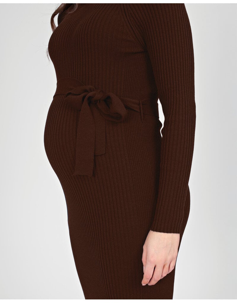 Love2Wait Love2Wait bruine midi zwangerschapsjurk in rib met ceintuur - B999063 8000