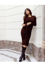 Love2Wait Love2Wait bruine midi zwangerschapsjurk in rib met ceintuur - B999063 8000
