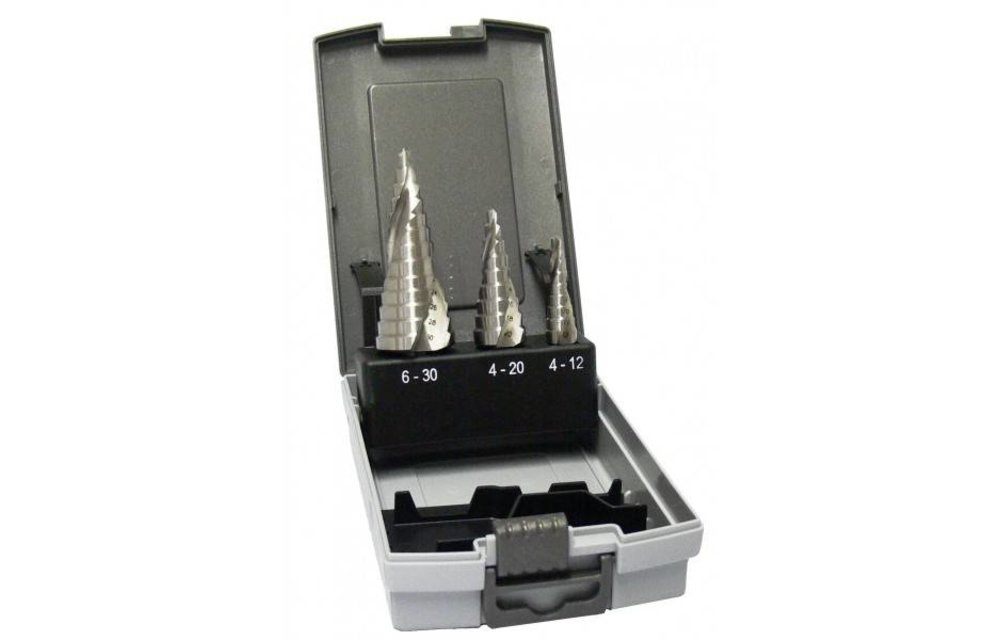 Stappenboor set 3 delig met extra spiraal HSS-S splitpoint om traploos gaten te boren