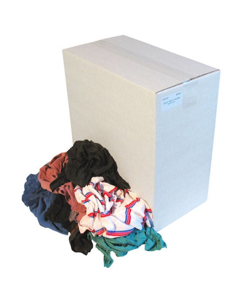 Wegwerp Bonte tricot poetslappen in doos.