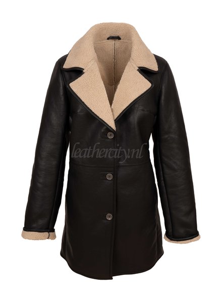 Leather City Dames lammy coat lang zwart
