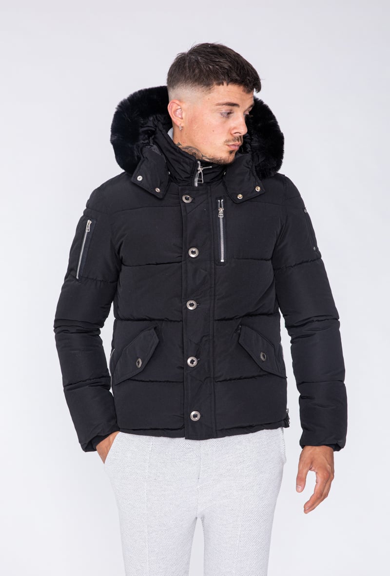 Heren winterjas zwart kort met bontkraag - Leather City