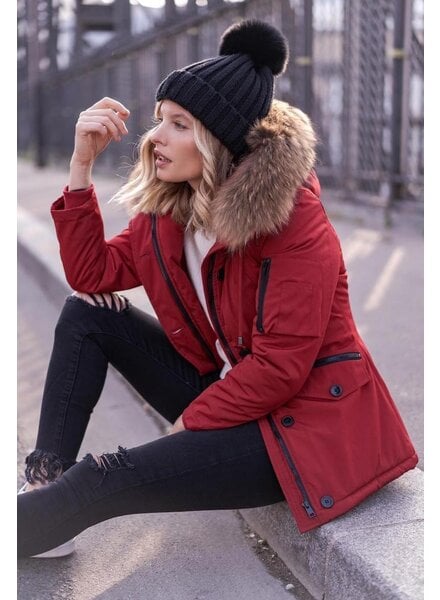 Attentif   Dames winterjassen Parka 2 kort rood met bontkraag