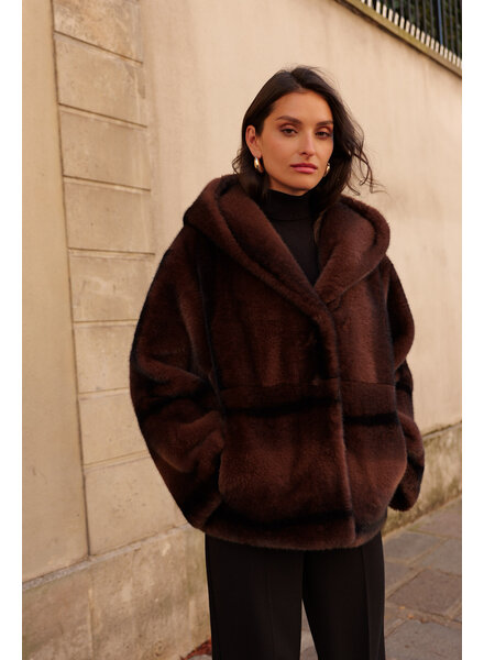 Attentif Bontjas dames met capuchon Coffee zwart