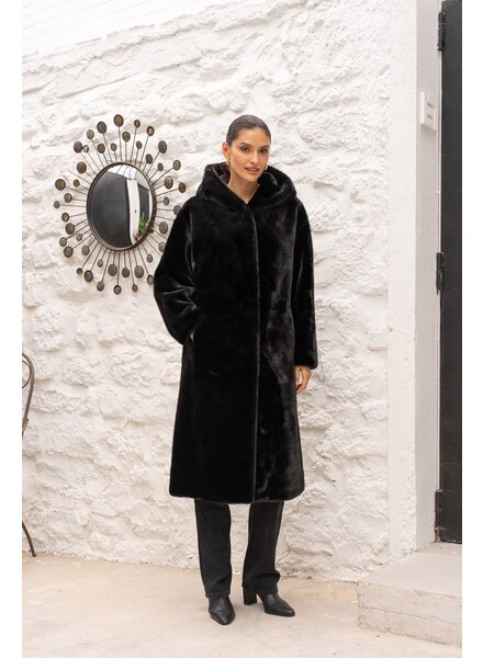 Attentif Dames bontjas lang zwart met capuchon