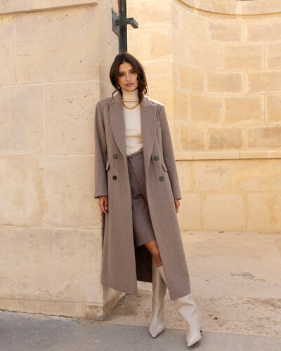 Wollen jas dames lang taupe - Leather City