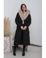 Lange gewatteerde winterjas zwart beige