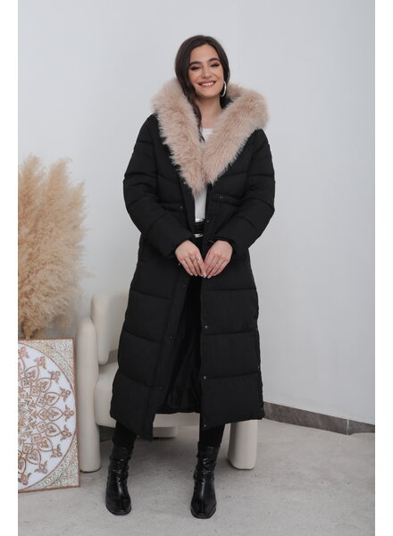 Lange gewatteerde winterjas zwart beige