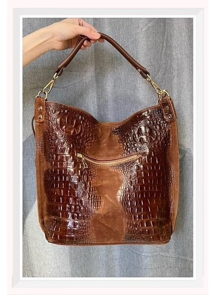 Dames suède leren tas met print bruin