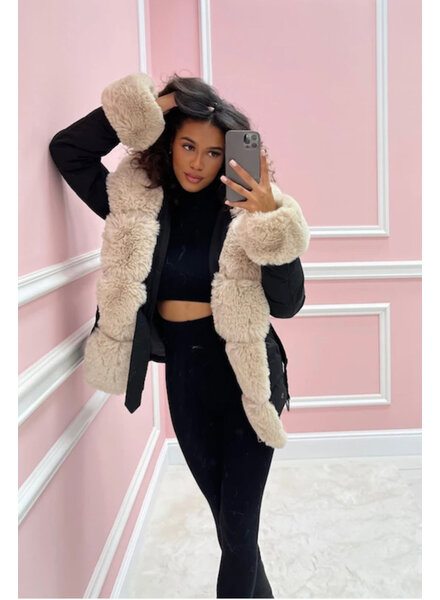 Dames winterjas met bont groen zwart beige