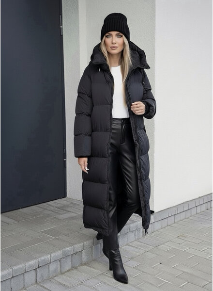 Lange gewatteerde winterjas zwart dames