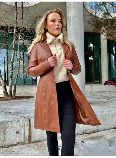 Lange leren jas dames bruin