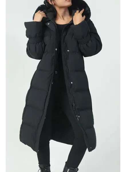 Lange gewatteerde winterjas dames zwart