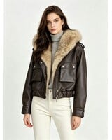 Leather City Bomberjack dames  met bontkraag bruin