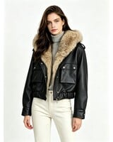 Leather City Bomberjack dames  met bontkraag zwart
