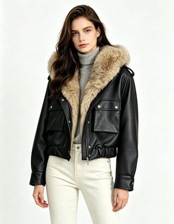 Leather City Bomberjack dames  met bontkraag zwart