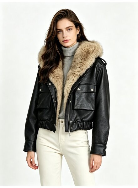 Leather City Bomberjack dames  met bontkraag zwart