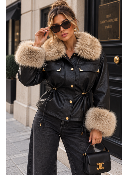 Leather City Dames imitatie leren jasje zwart met bont