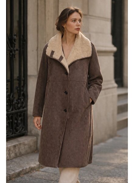 Dames lammy coat lang donker bruin