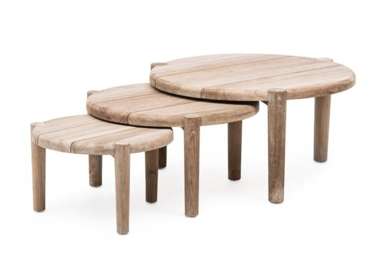 GOMMAIRE Outdoor | Organic Living Set di 3 tavolini da caffè/terra | Teak riciclato grigio naturale